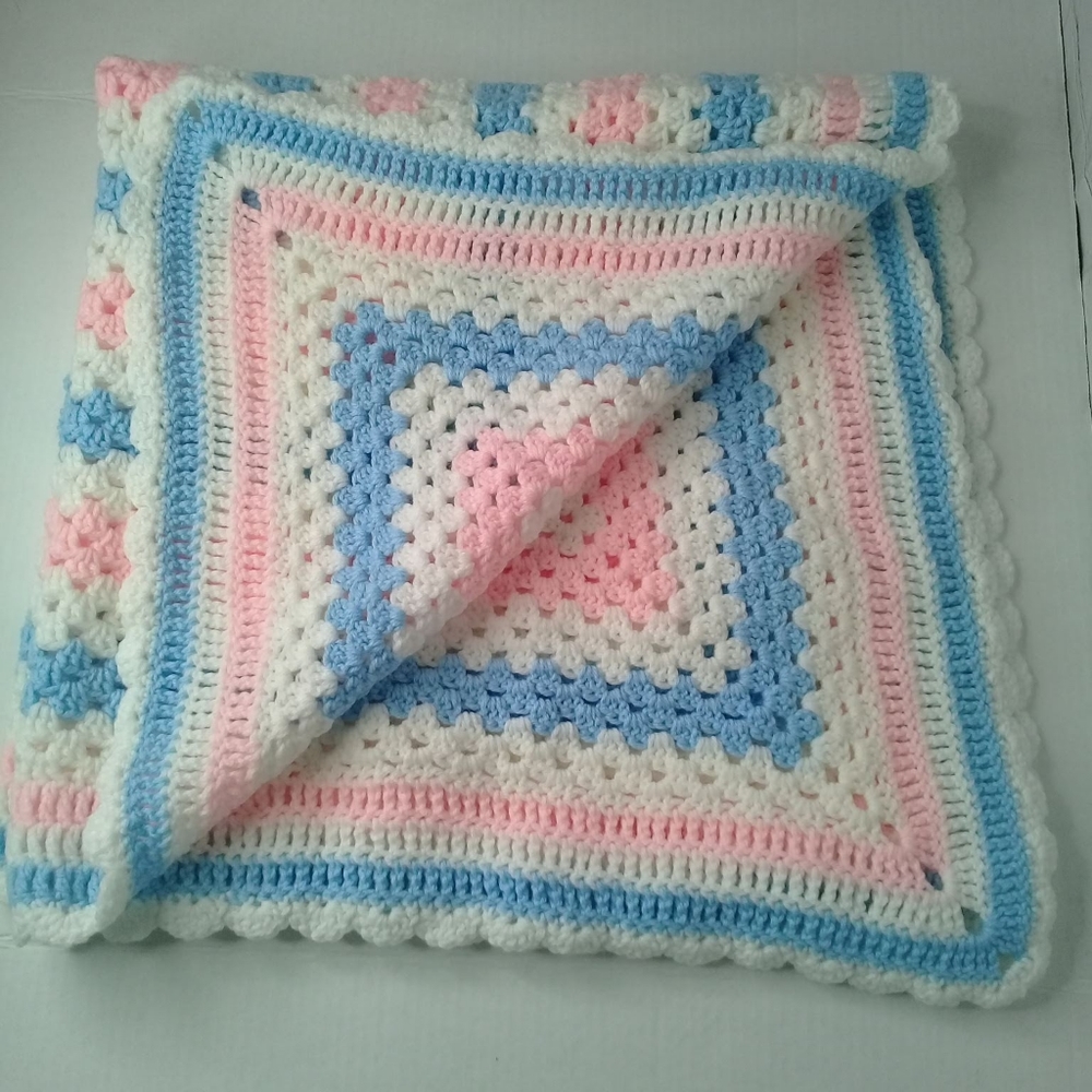 Handmade Crocheted Baby Blanket Pink Blue White Square Pattern 4' x 4'